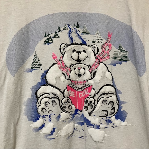 Vintage Polar Bears Be Cool Reading Sledding Snow Embossed Single Stitch Tee - Picture 3 of 9